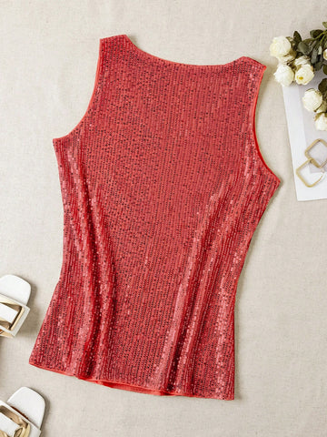 Sequin V-Neck Sleeveless Top