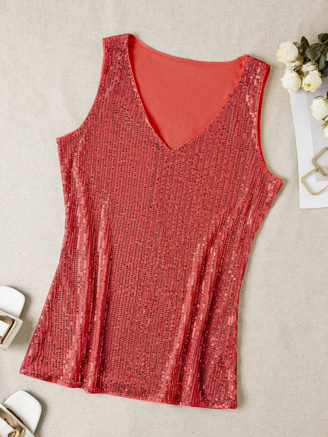 Sequin V-Neck Sleeveless Top shein