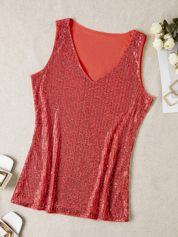 Sequin V-Neck Sleeveless Top
