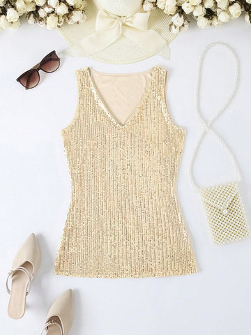 Sequin V-Neck Sleeveless Top