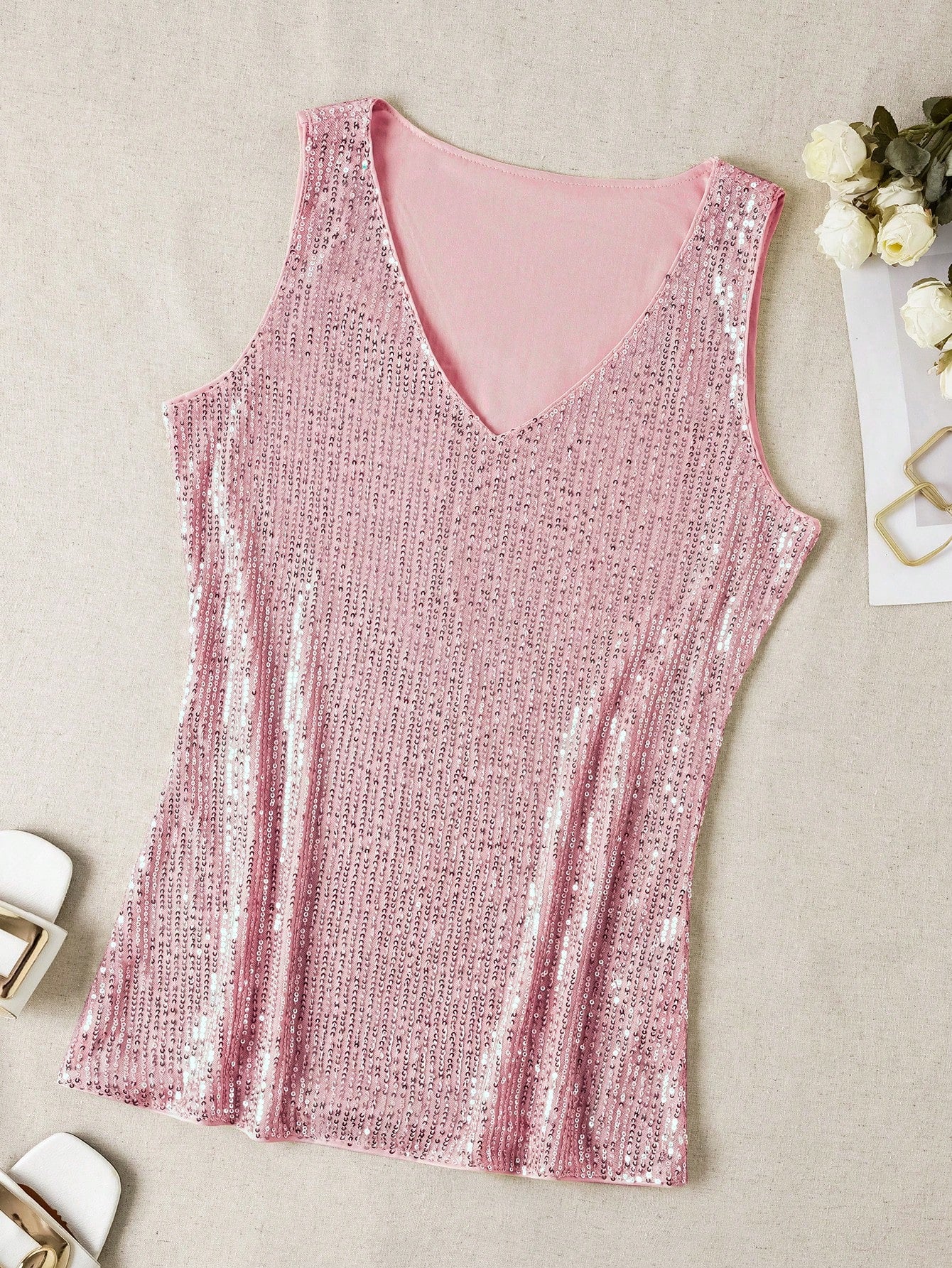 Sequin V-Neck Sleeveless Top shein