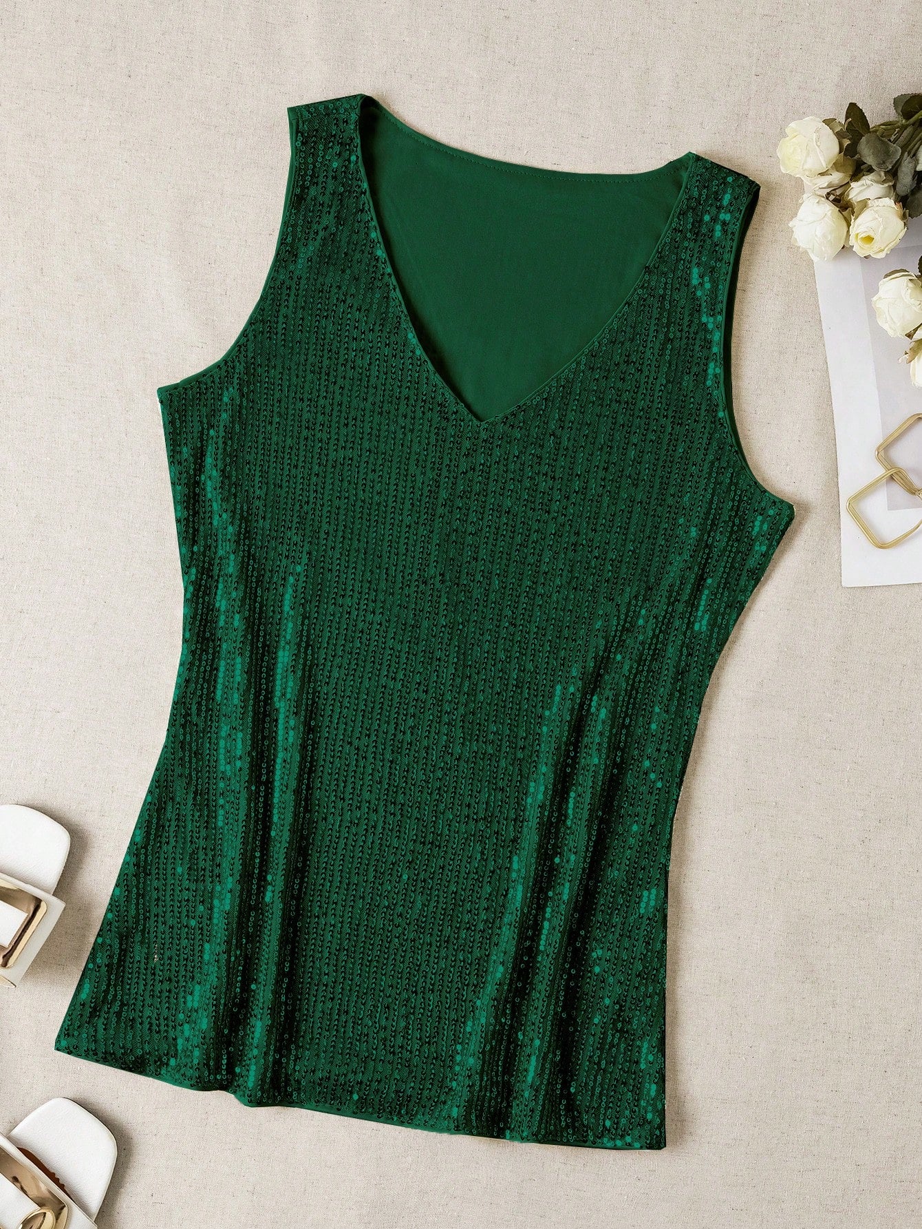 Sequin V-Neck Sleeveless Top shein