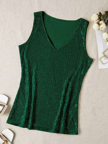 Sequin V-Neck Sleeveless Top