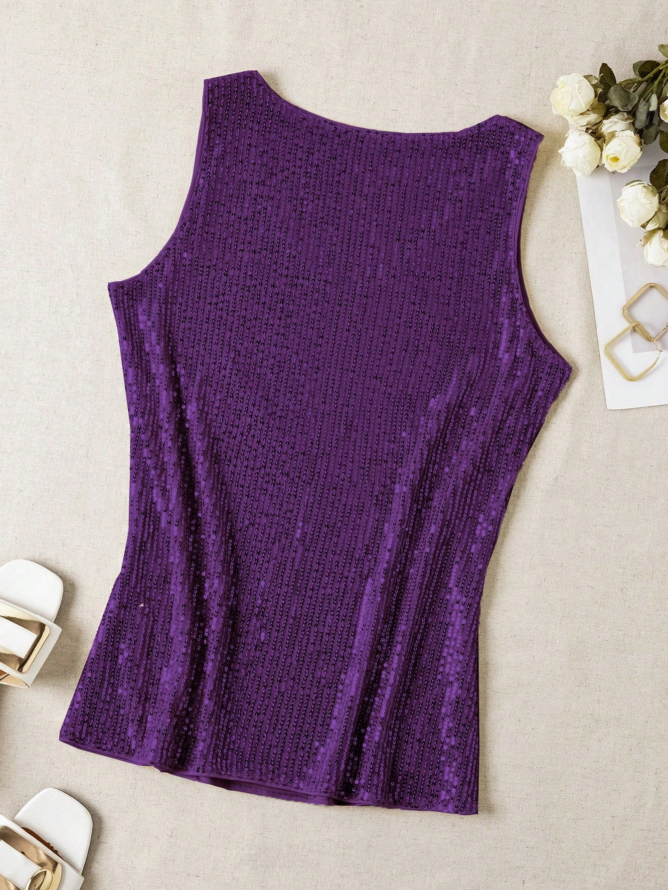 Sequin V-Neck Sleeveless Top shein