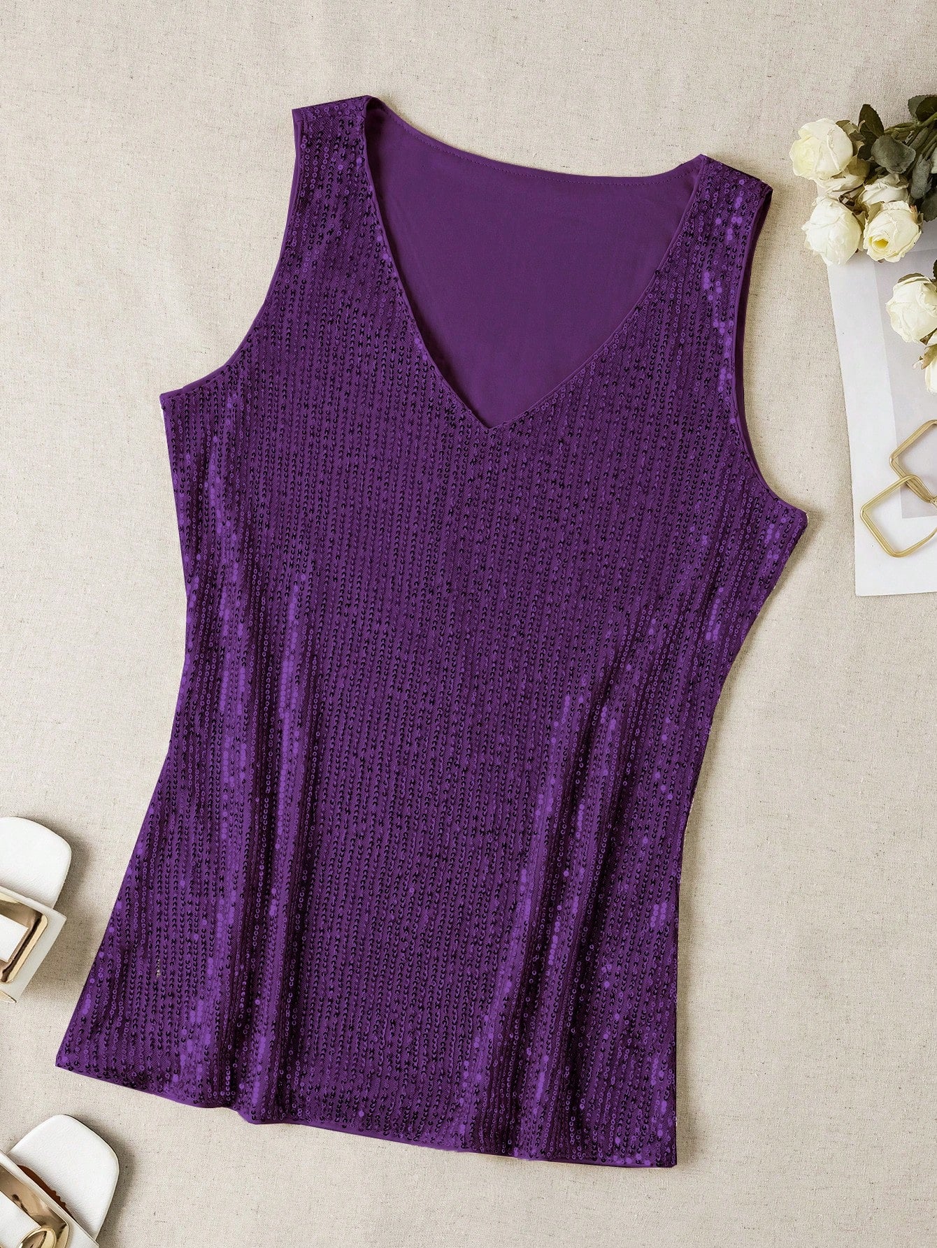 Sequin V-Neck Sleeveless Top shein