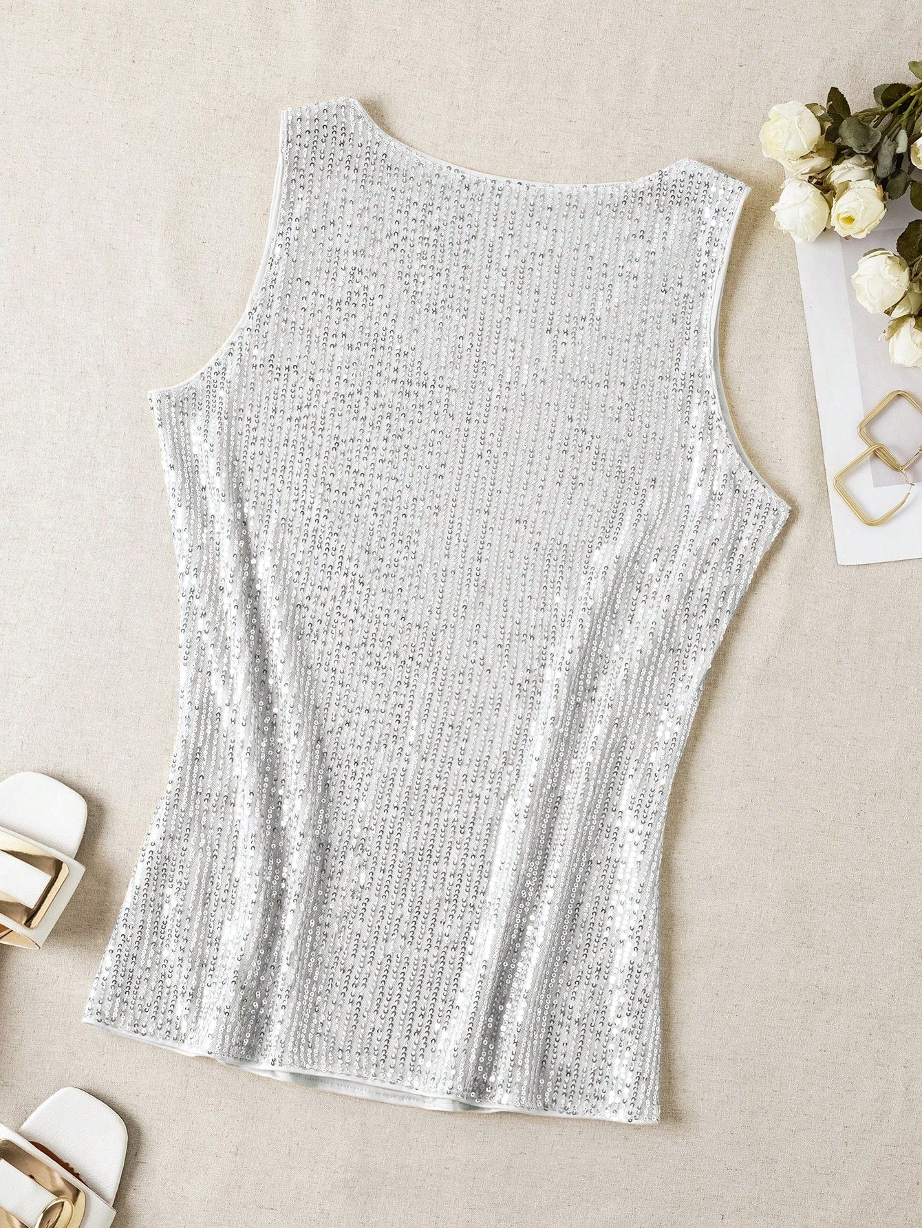 Sequin V-Neck Sleeveless Top shein