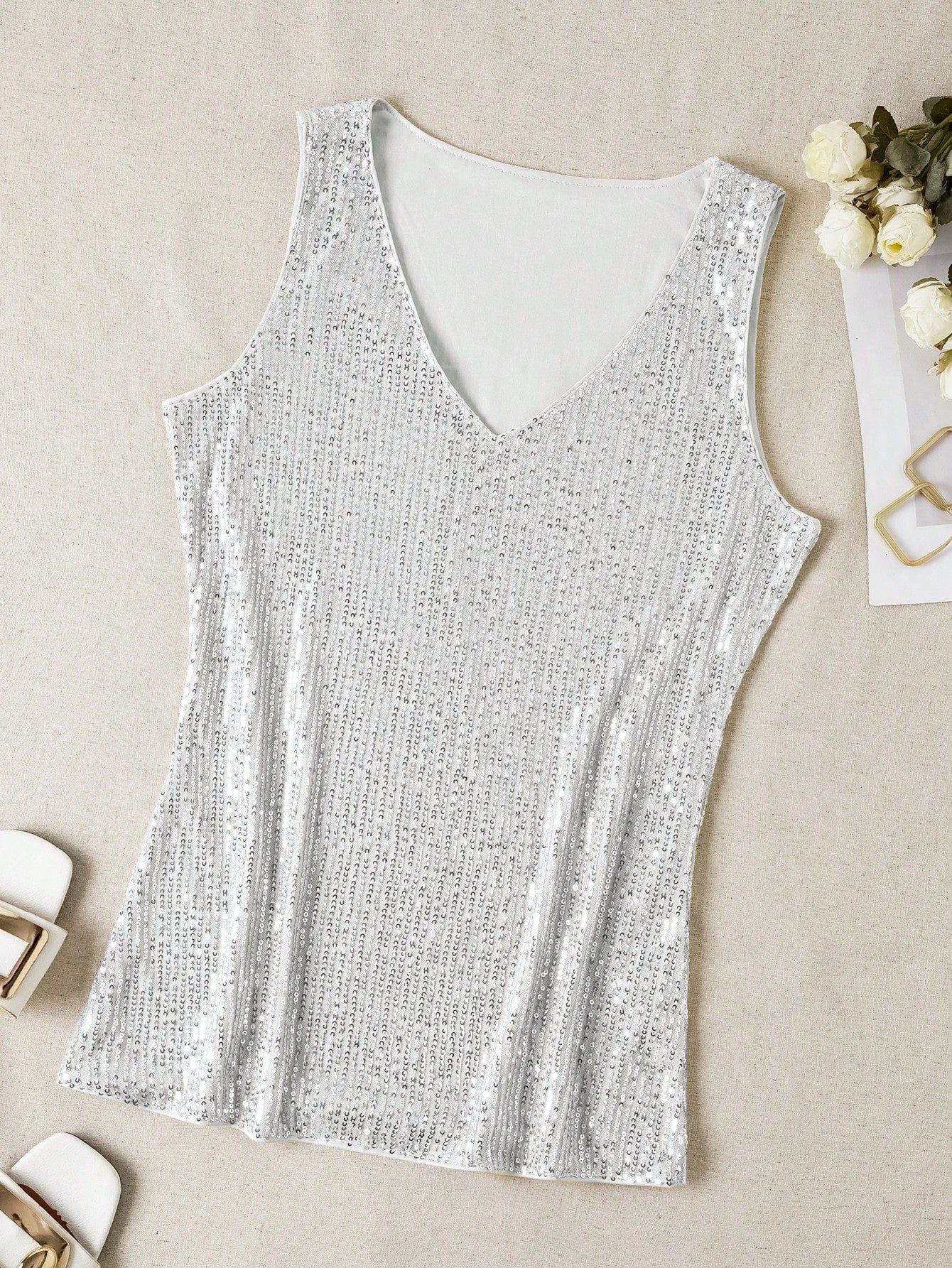 Sequin V-Neck Sleeveless Top shein