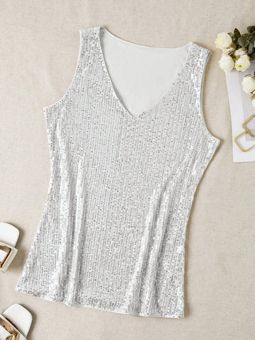 Sequin V-Neck Sleeveless Top