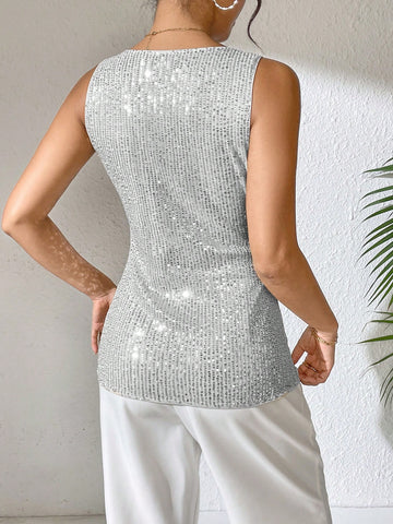 Sequin V-Neck Sleeveless Top