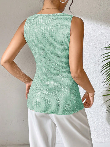 Sequin V-Neck Sleeveless Top