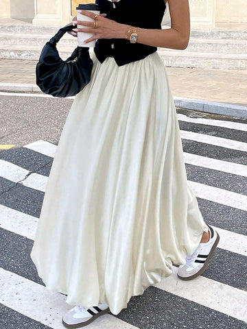 Women's Satin Pleated Bubble Long Skirt