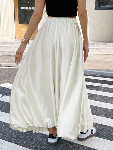 Women's Satin Pleated Bubble Long Skirt