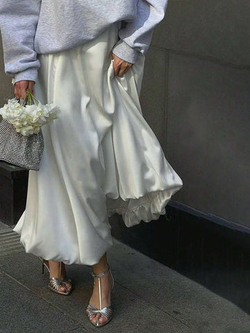 Women's Satin Pleated Bubble Long Skirt
