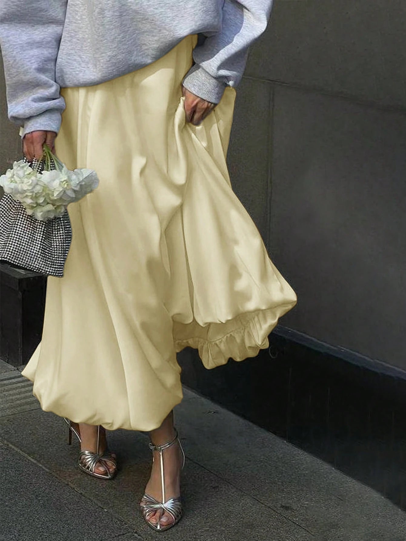 Women's Satin Pleated Bubble Long Skirt