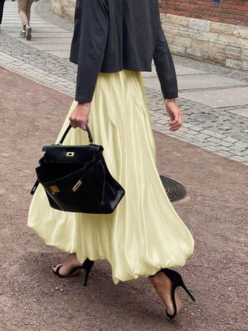 Women's Satin Pleated Bubble Long Skirt