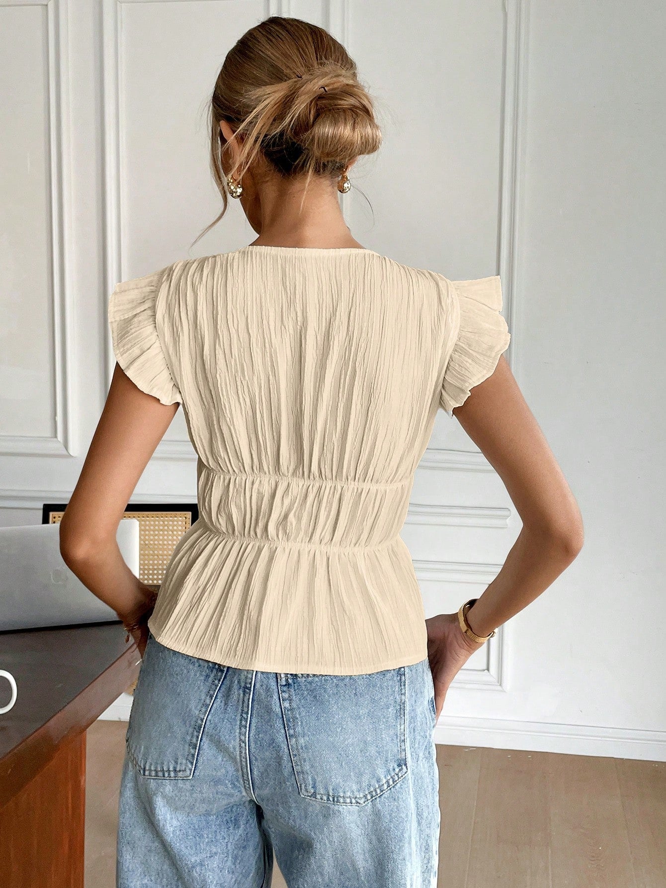 Women's Casual Tie Bow Decor Cap Sleeve Blouse