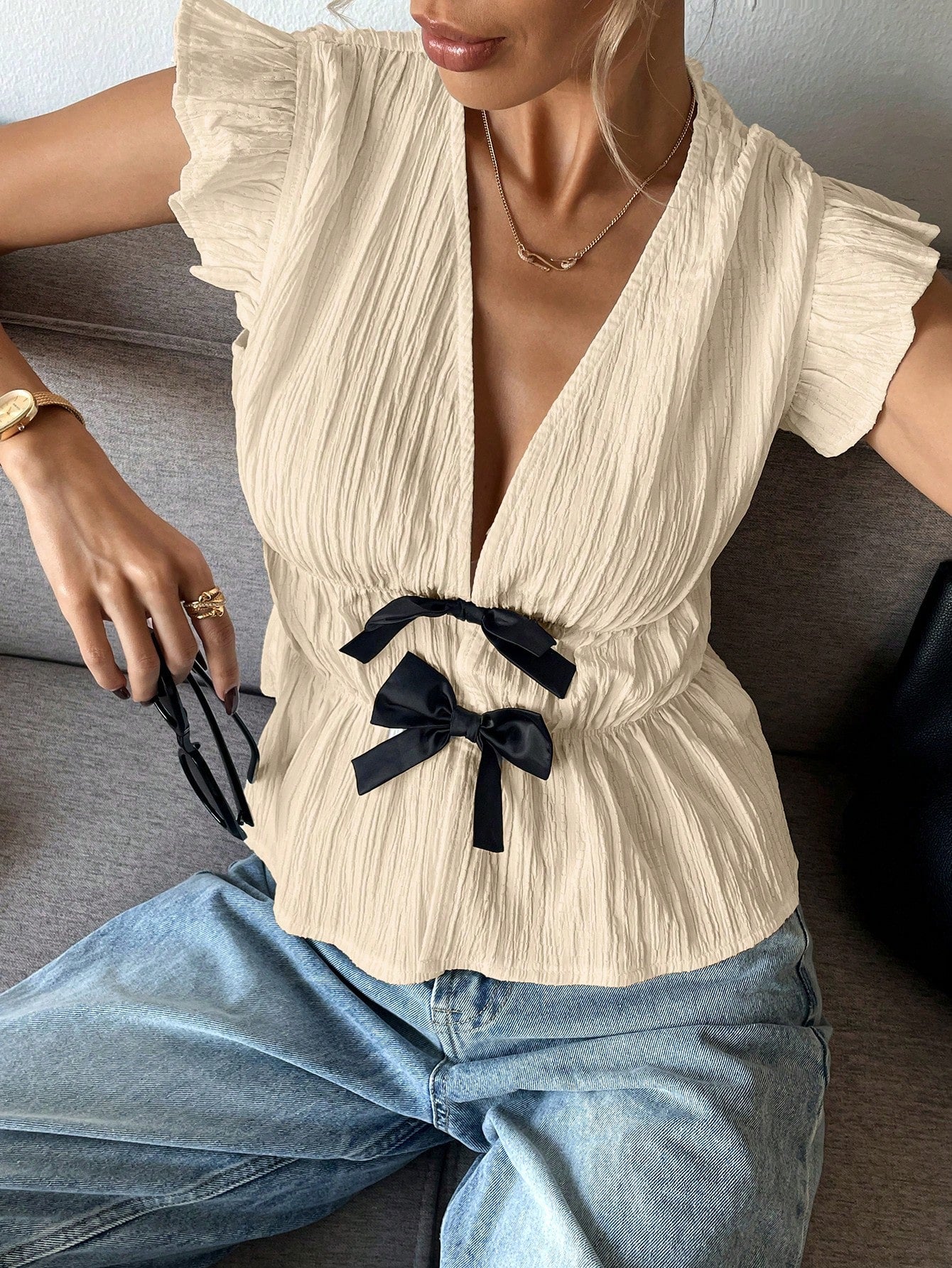 Women's Casual Tie Bow Decor Cap Sleeve Blouse