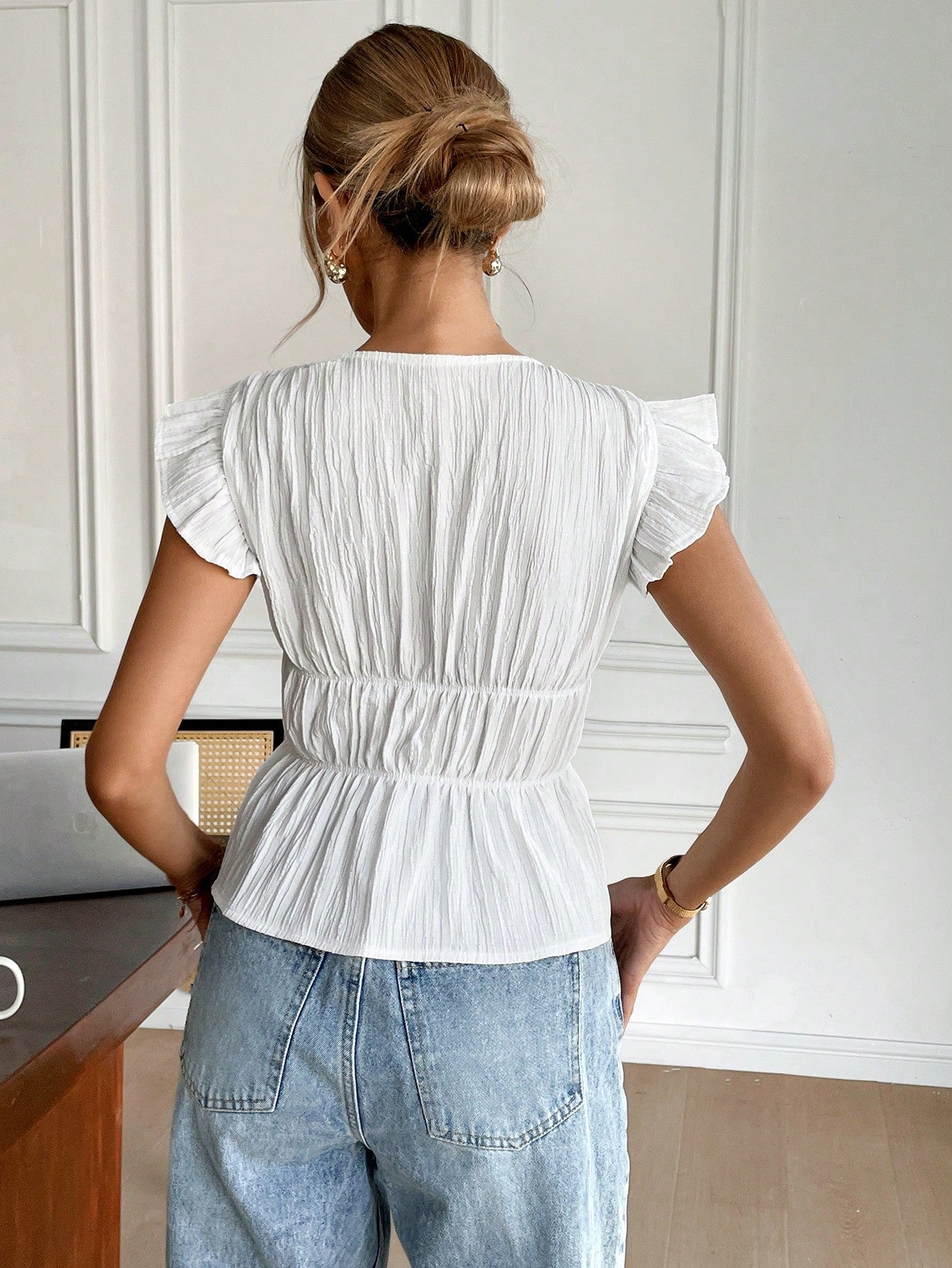 Women's Casual Tie Bow Decor Cap Sleeve Blouse