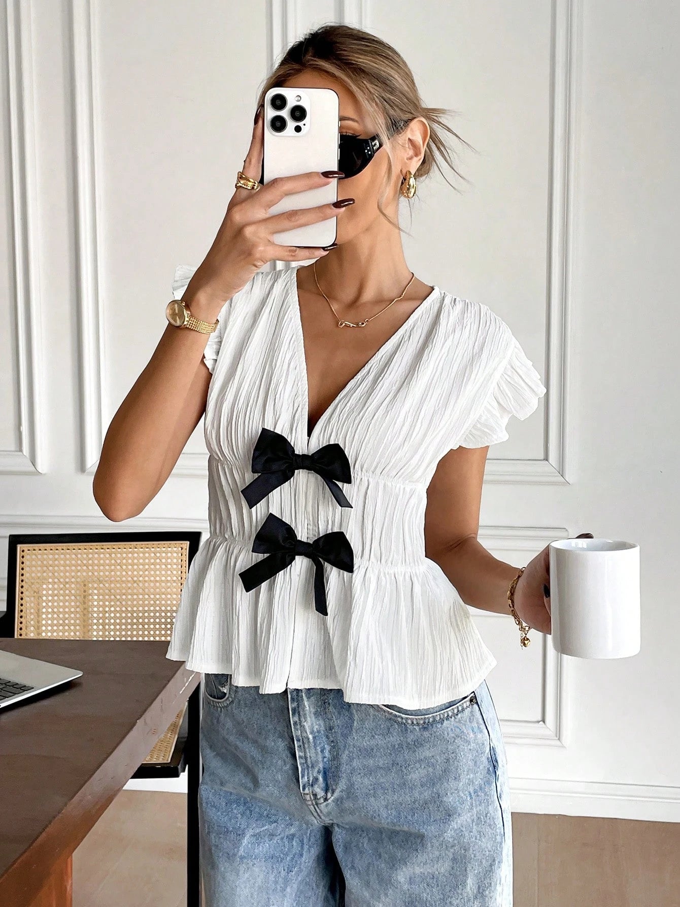 Women's Casual Tie Bow Decor Cap Sleeve Blouse