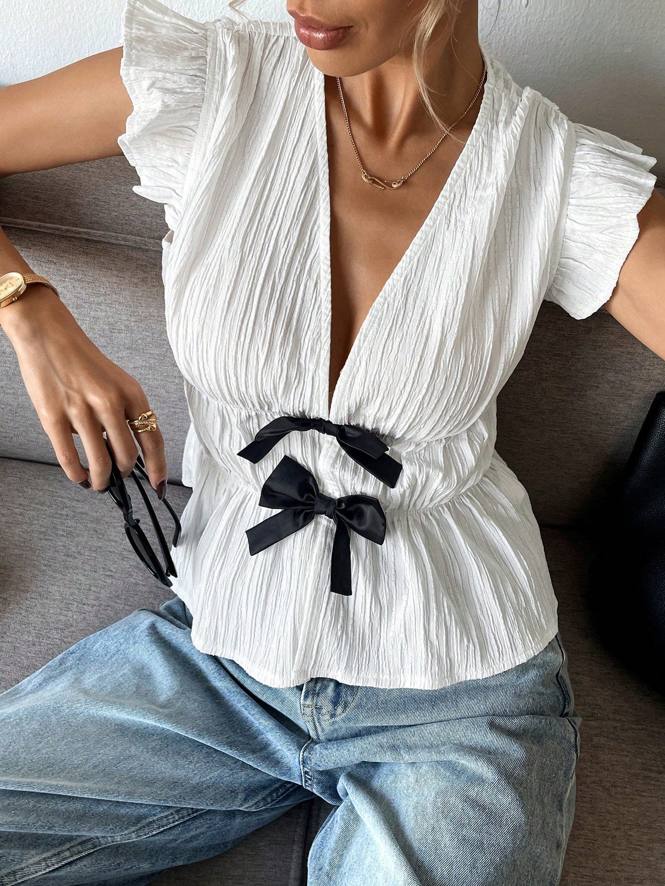 Women's Casual Tie Bow Decor Cap Sleeve Blouse