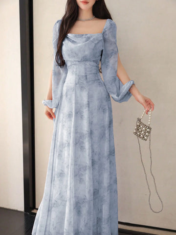 Women's Chiffon Ditsy Floral Draped Neck Waisted Flared Hem Elegant Resort Dress