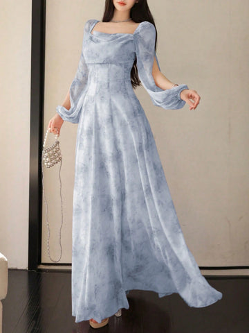 Women's Chiffon Ditsy Floral Draped Neck Waisted Flared Hem Elegant Resort Dress