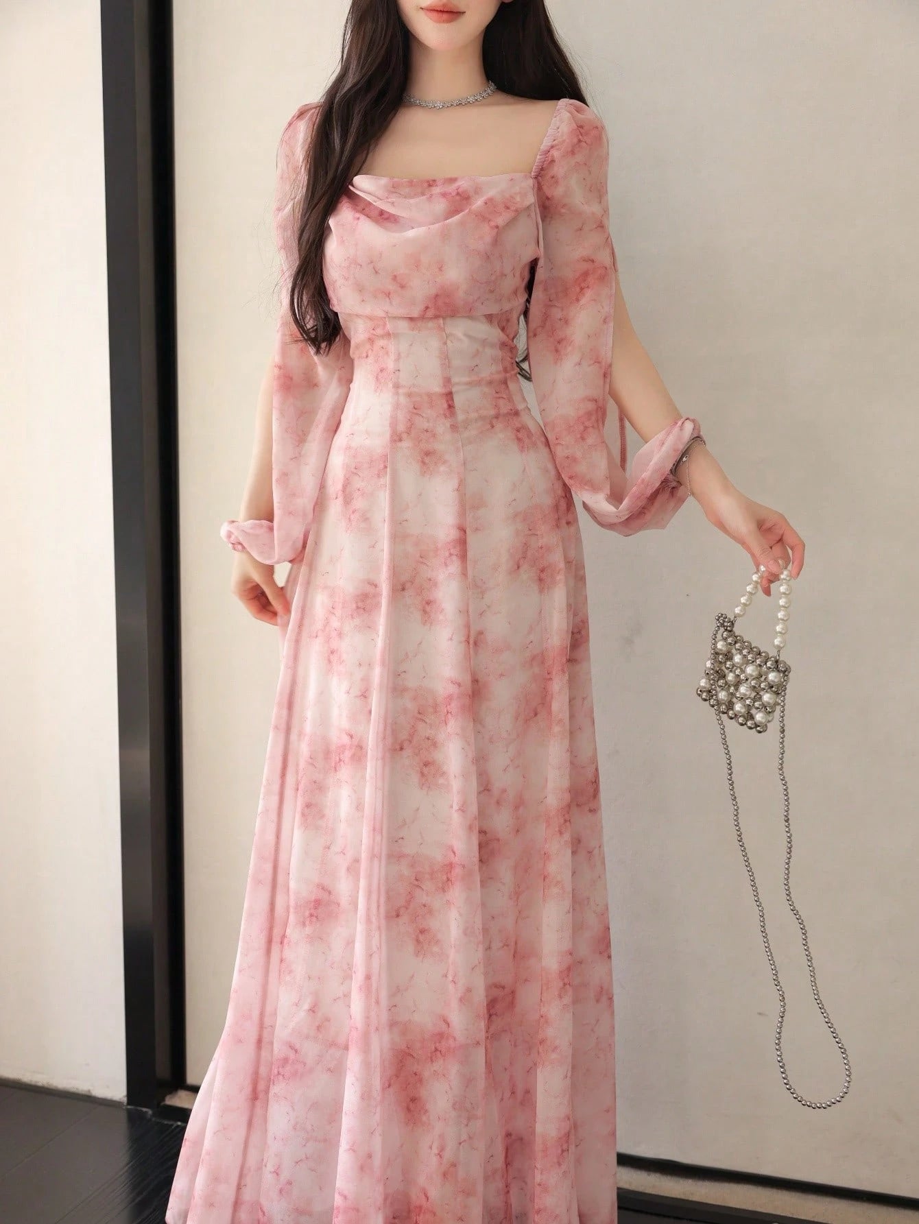 Women's Chiffon Ditsy Floral Draped Neck Waisted Flared Hem Elegant Resort Dress shein