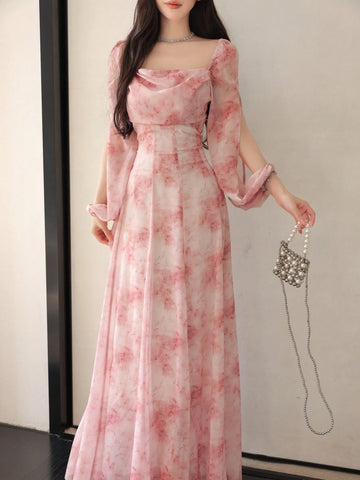 Women's Chiffon Ditsy Floral Draped Neck Waisted Flared Hem Elegant Resort Dress