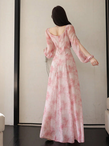 Women's Chiffon Ditsy Floral Draped Neck Waisted Flared Hem Elegant Resort Dress