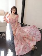 Women's Chiffon Ditsy Floral Draped Neck Waisted Flared Hem Elegant Resort Dress shein