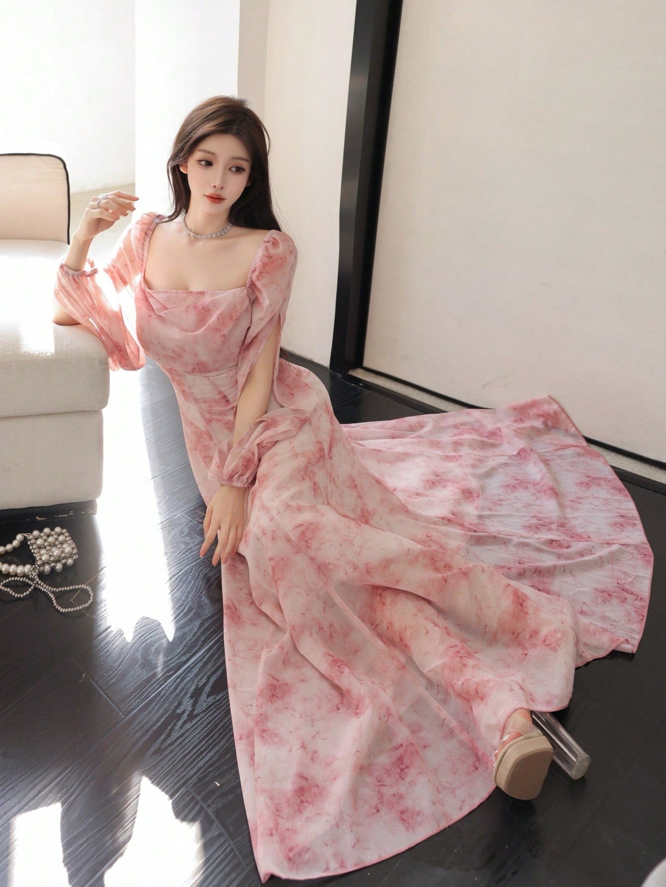 Women's Chiffon Ditsy Floral Draped Neck Waisted Flared Hem Elegant Resort Dress shein