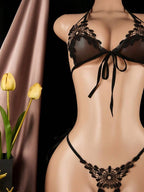 Sexy Lingerie Lace Three-Point Black Non Attraction Set shein