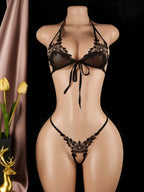 Sexy Lingerie Lace Three-Point Black Non Attraction Set shein