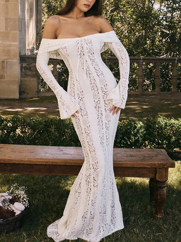 Sexy Slit Lace Hollow-Out Tie-Up Off-Shoulder Long Sleeve Fitted Fishtail Dress