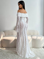 Sexy Slit Lace Hollow-Out Tie-Up Off-Shoulder Long Sleeve Fitted Fishtail Dress shein
