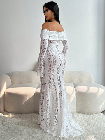 Sexy Slit Lace Hollow-Out Tie-Up Off-Shoulder Long Sleeve Fitted Fishtail Dress