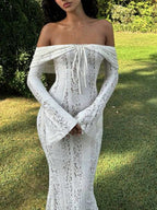 Sexy Slit Lace Hollow-Out Tie-Up Off-Shoulder Long Sleeve Fitted Fishtail Dress shein