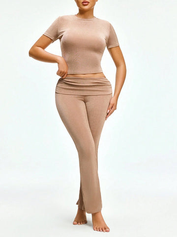 Women's Casual Solid Color Fitted Top & High Waist Pleated Slim Fit Pants Set
