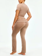 Women's Casual Solid Color Fitted Top & High Waist Pleated Slim Fit Pants Set shein