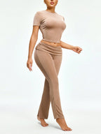 Women's Casual Solid Color Fitted Top & High Waist Pleated Slim Fit Pants Set shein