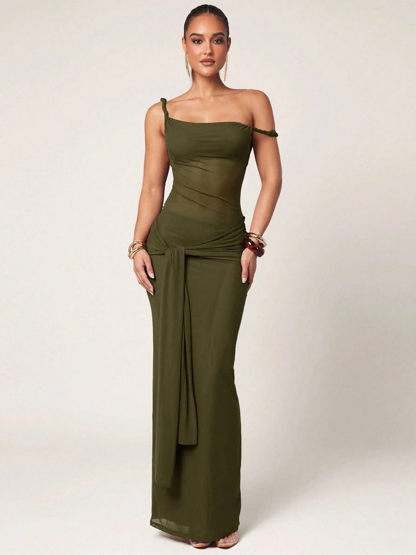 Silquee Women's Vintage Solid Color Ruched Asymmetrical Shoulder Dress shein
