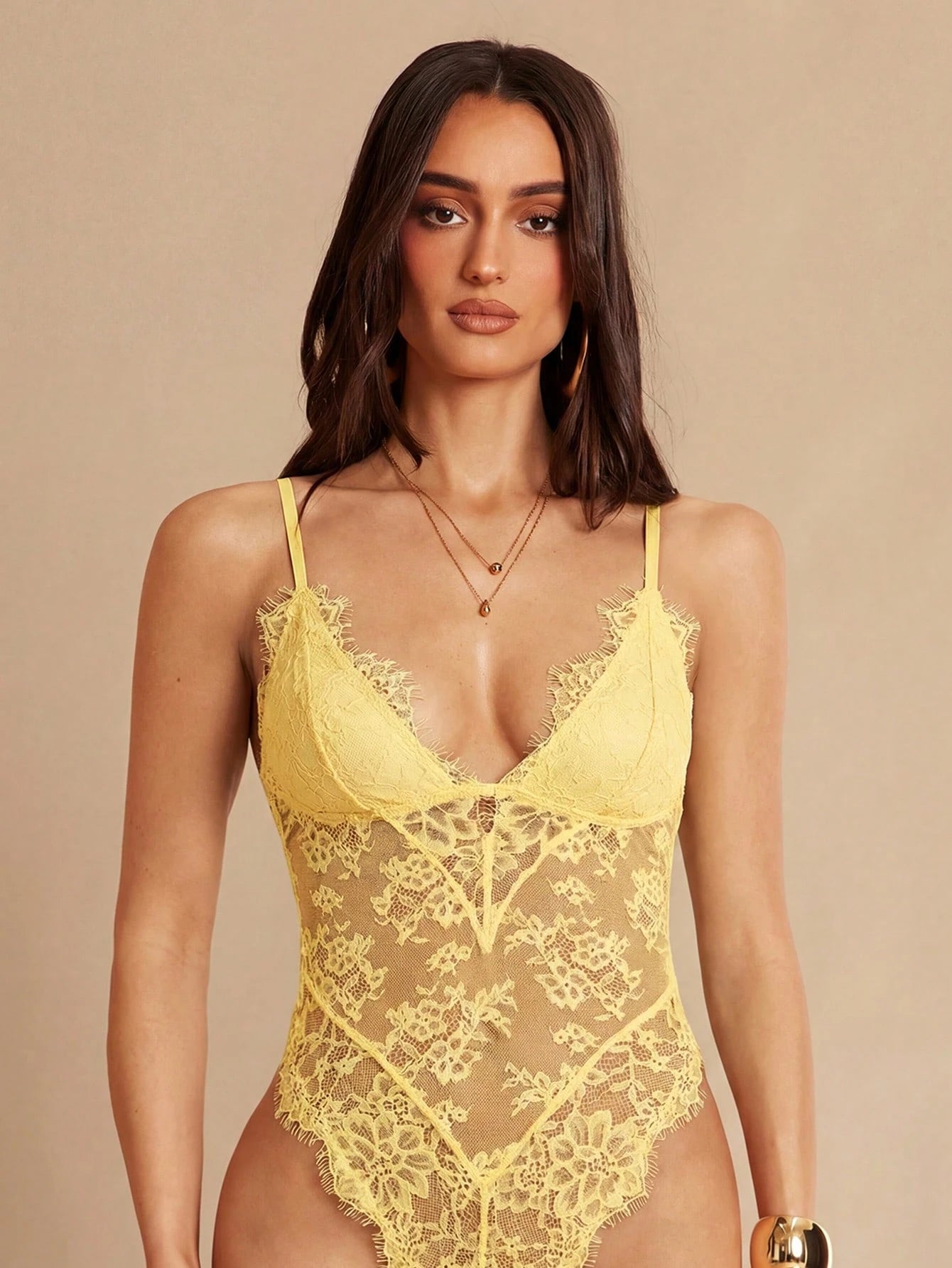 Lace-Trimmed Sexy And Versatile See-Through Bodysuit shein
