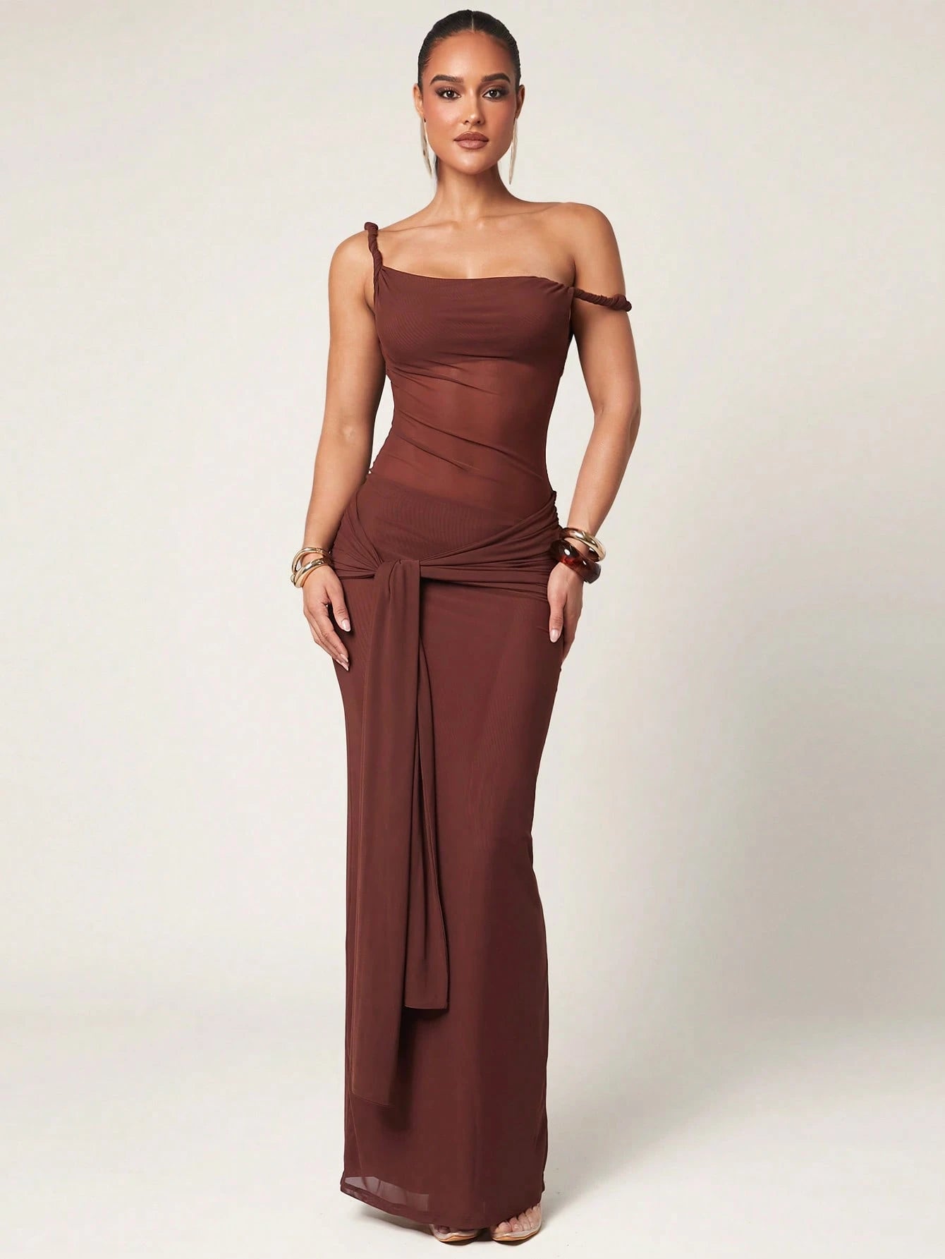 Silquee Women's Vintage Solid Color Ruched Asymmetrical Shoulder Dress shein