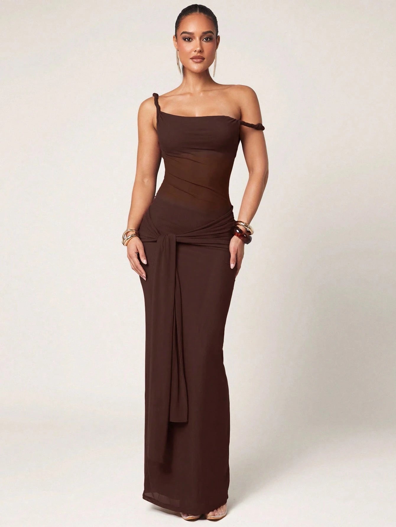 Silquee Women's Vintage Solid Color Ruched Asymmetrical Shoulder Dress shein