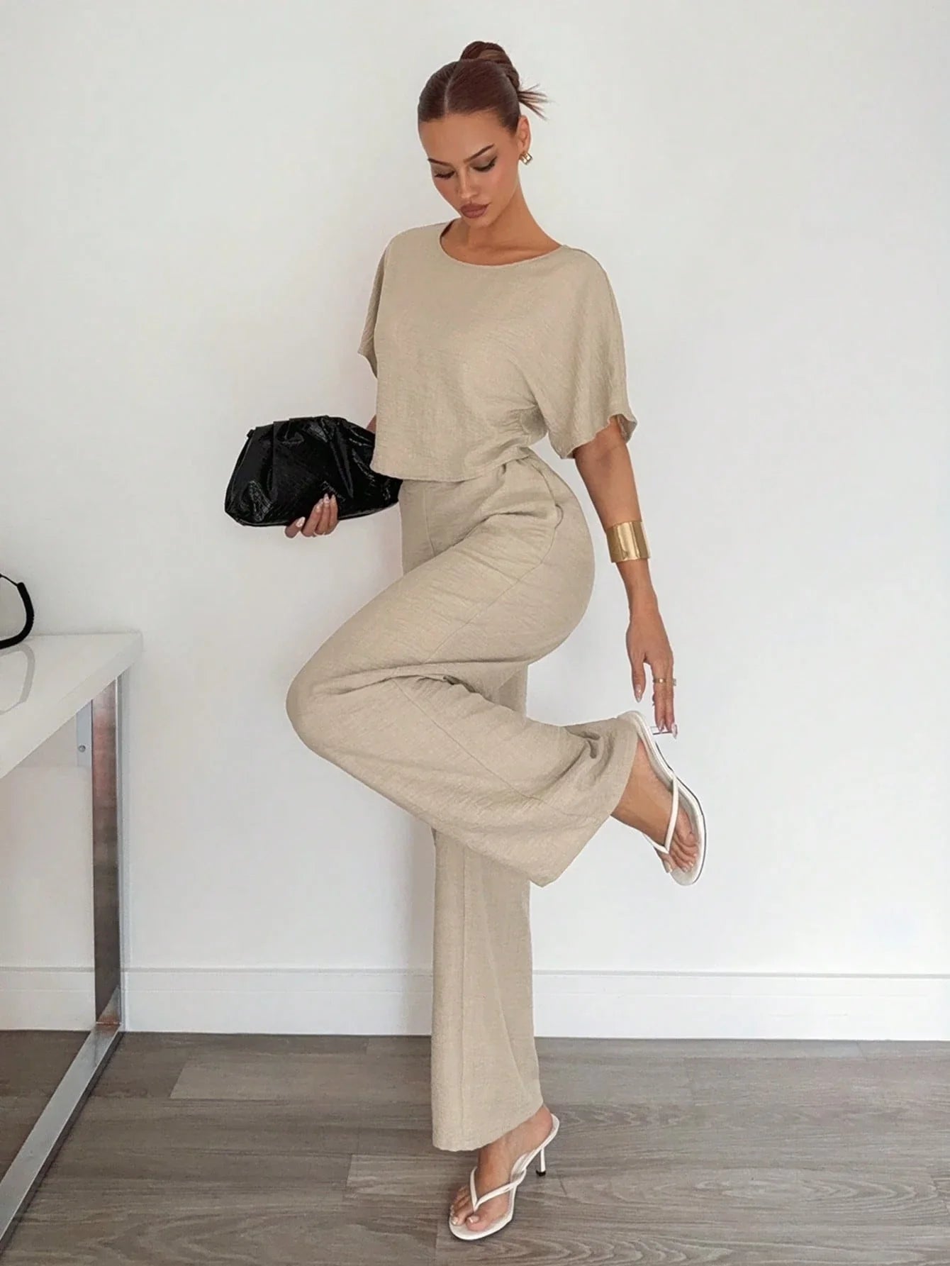 2pcs Women Solid Color Pleated Shirt And Pants shein