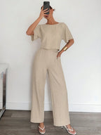2pcs Women Solid Color Pleated Shirt And Pants shein