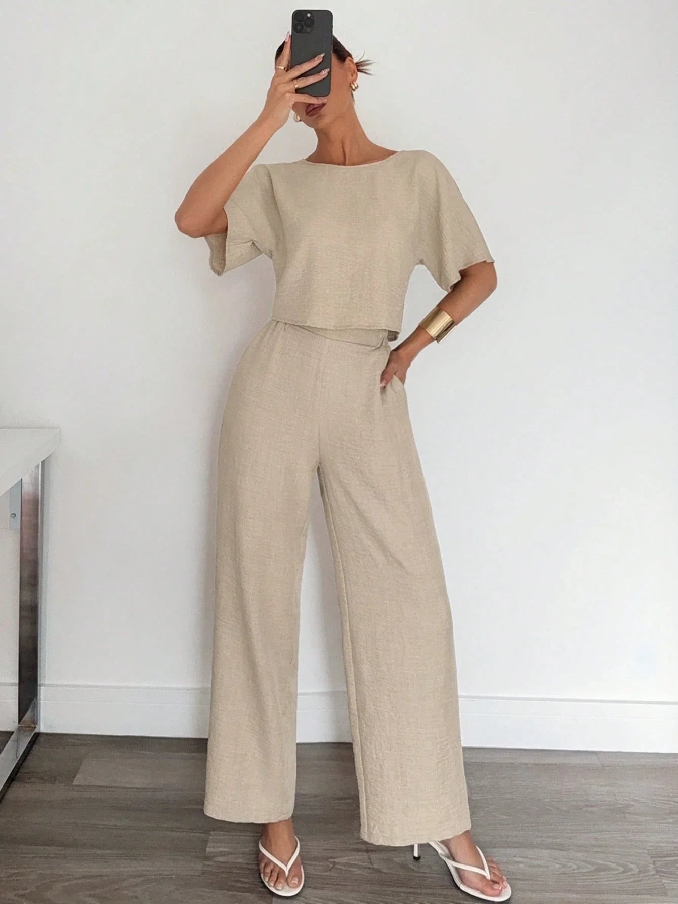 2pcs Women Solid Color Pleated Shirt And Pants shein