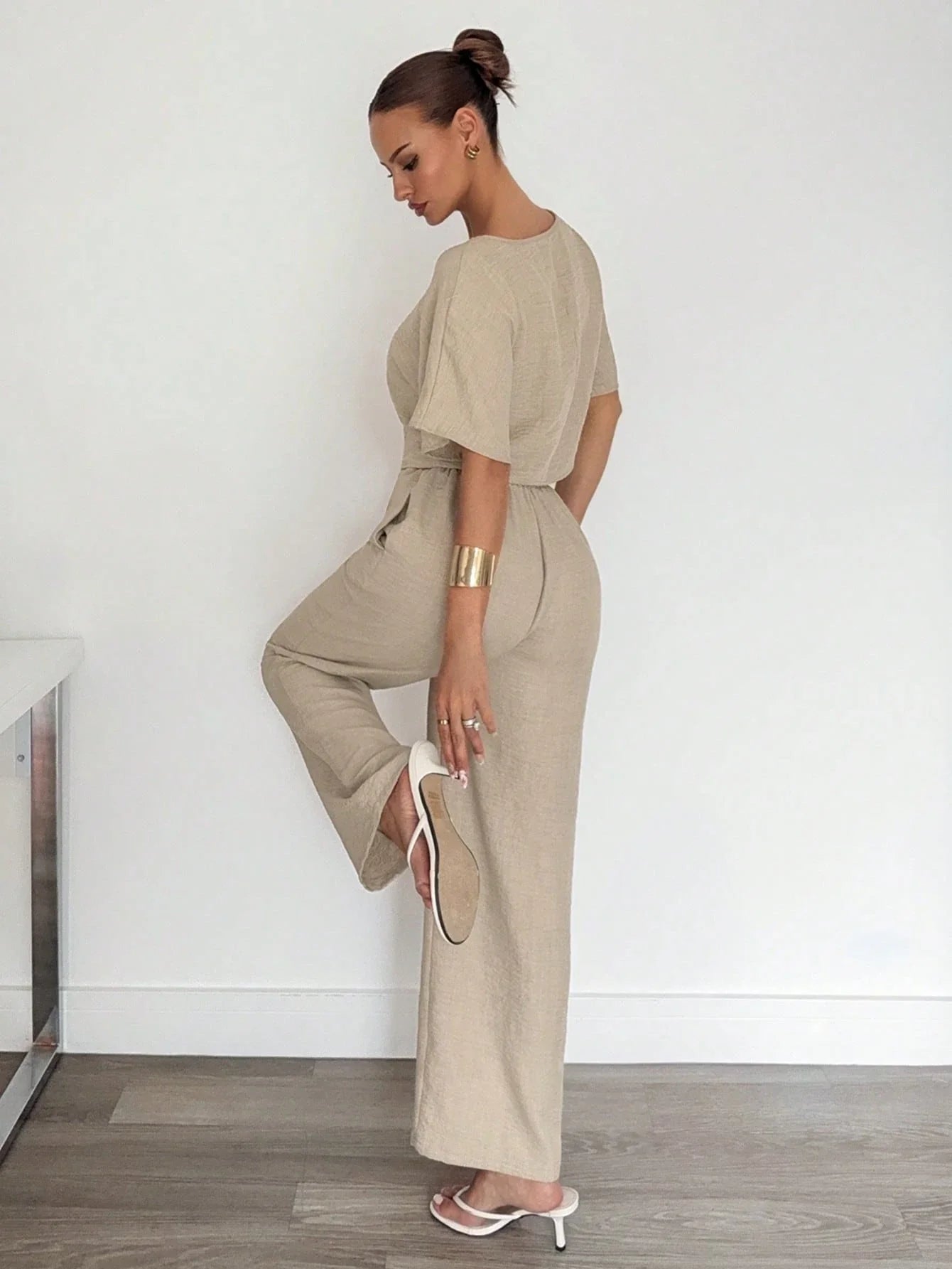 2pcs Women Solid Color Pleated Shirt And Pants shein