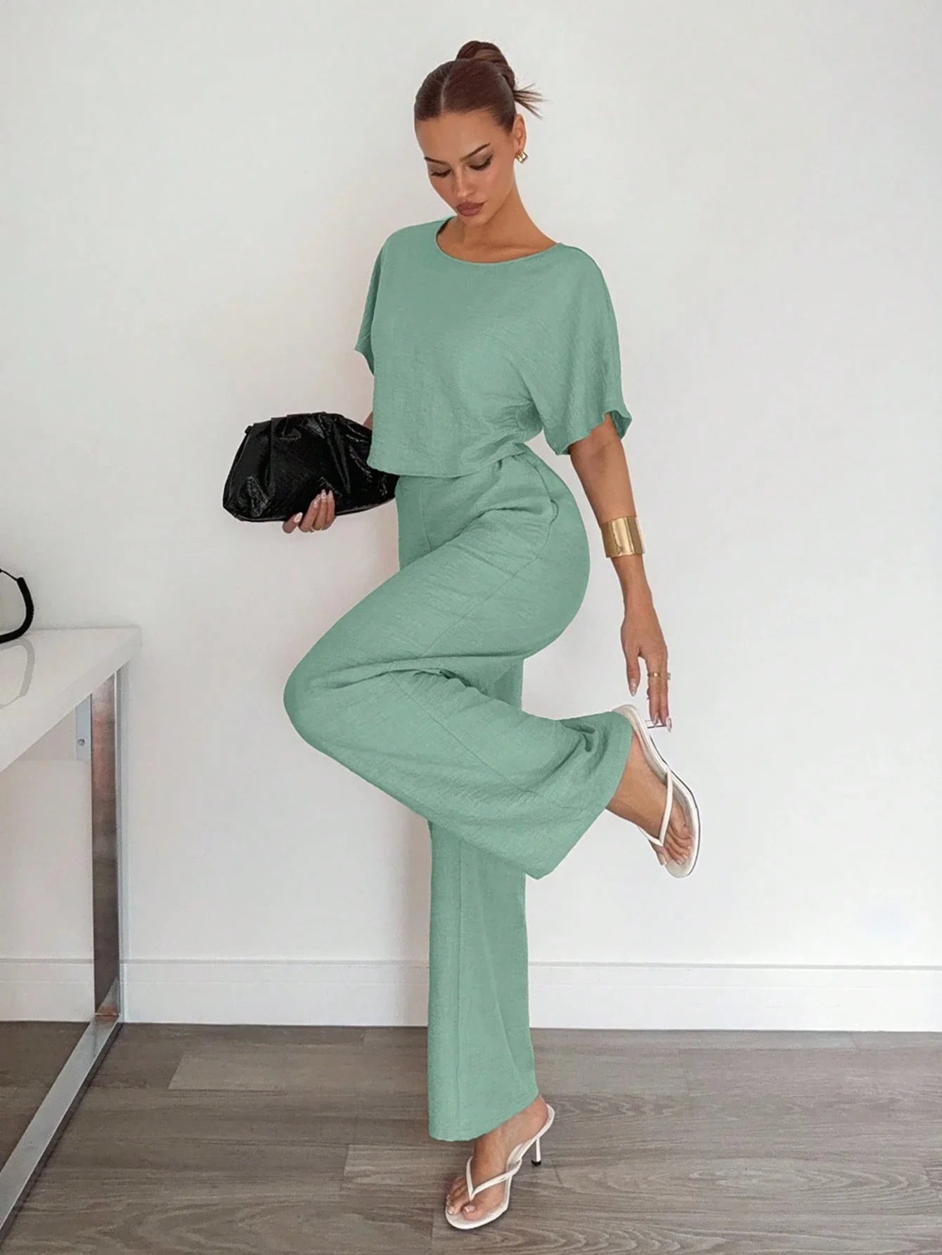 2pcs Women Solid Color Pleated Shirt And Pants shein