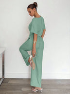 2pcs Women Solid Color Pleated Shirt And Pants shein